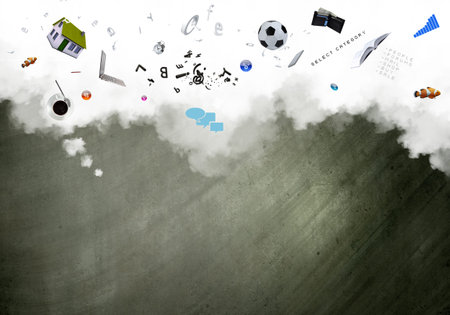 Background image with flying icons against sky backgroundの写真素材