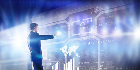 Businessman in suit against digital background with icons