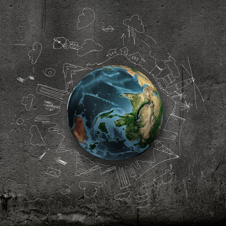 Earth planet on dark background with pencil sketches  Elements of this image are furnished by NASAの写真素材