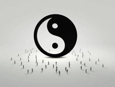 Conceptual image with yin yang sign and silhouettes of businesspeople aroundの写真素材