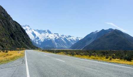 Natural landscape of New Zealand alps and roadの写真素材