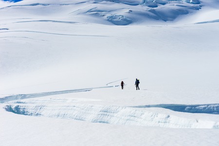 Group of people walking among snows of New Zealand Alpsの写真素材
