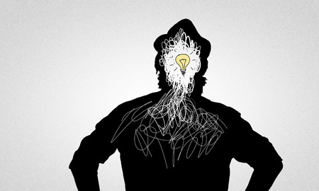 Black drawn silhouette of man on white backdropの写真素材