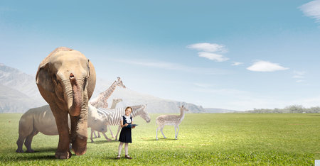 Cute school girl outdoor with wild animalsの写真素材