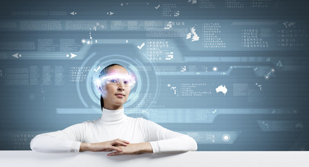 Young pretty woman with white blank bannerの写真素材