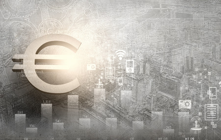 Euro currency sign against modern city backgroundの写真素材