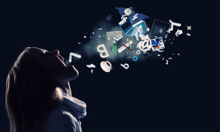 Side view of girl of school age and voice coming out of her mouth