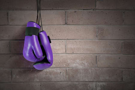Pair of boxing gloves hanging on allの写真素材