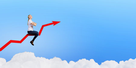 Young businesswoman riding graph arrow going up