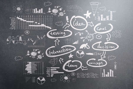 Background image with business sketches on white wallの写真素材