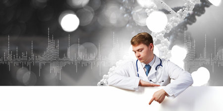 Young doctor with white blank banner. Place for your textの写真素材