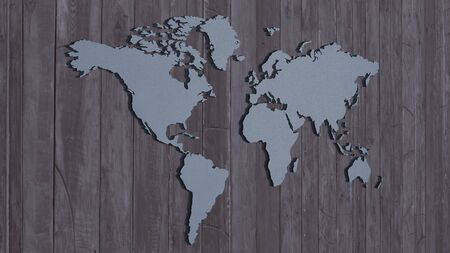 Conceptual image with world map on wooden wallの写真素材