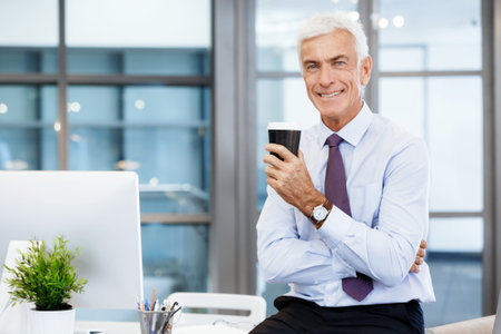 Businessman in office with a cup
