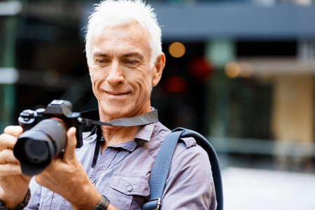 Senior man with camera in city
