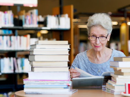 Elderly lady reading books in library