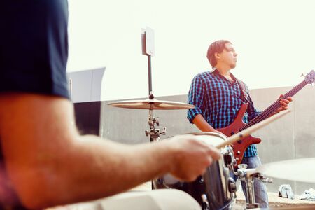 A street muscian playing drumsの写真素材