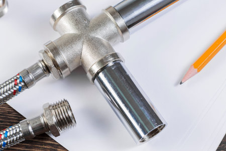 All kinds of plumbing and tools on white paper