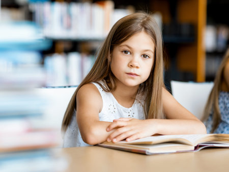 Little girl reading books in libraryの写真素材