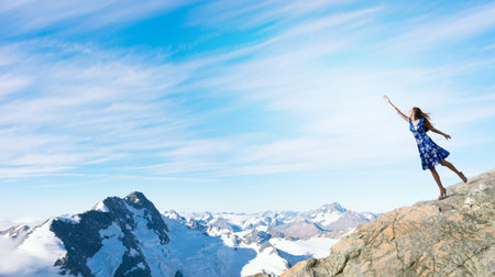 Happy young woman dreaming to fly in sky