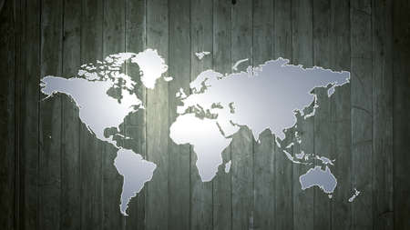 Conceptual image with world map on wooden wallの写真素材