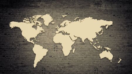 Conceptual image with world map on concrete wallの写真素材