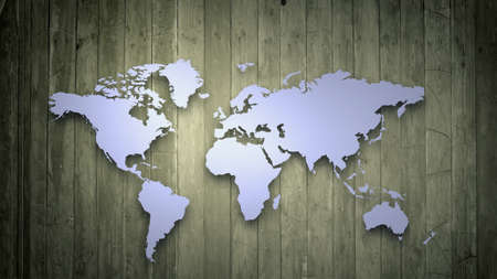 Conceptual image with world map on wooden wallの写真素材