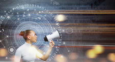 Picture of futuristic woman working with virtual technologyの写真素材