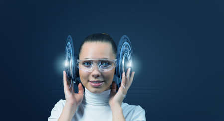 Picture of futuristic woman working with virtual technologyの写真素材