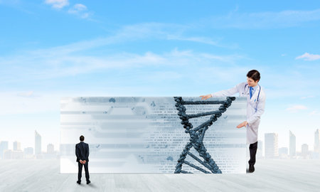 Young doctor with white banner presenting molecule research