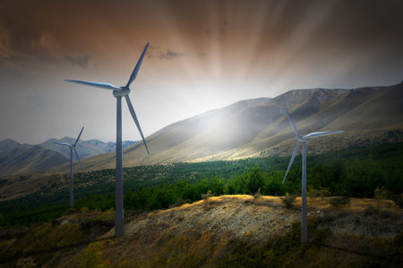Some windmills standing in desert. Power and energy concept