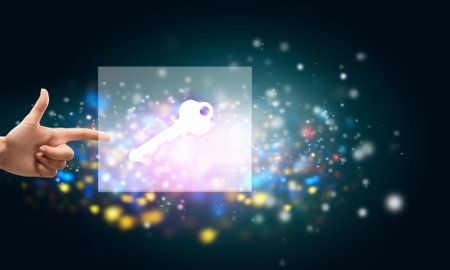 Close up of hand touching icon with fingerの写真素材