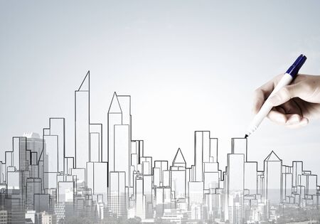 Hand drawing with marker sketches of construction projectの写真素材