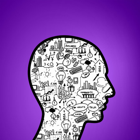 Silhouette of human head with plan sketch instead of brain