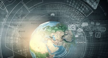 Earth planet on technology background.の写真素材