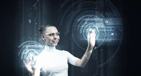 Picture of futuristic woman working with virtual technologyの写真素材