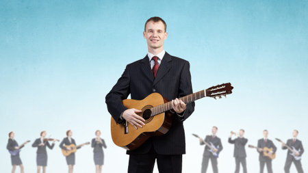 Young man in suit and people playing different music instruments
