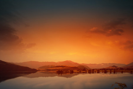 Beautiful natural landscape of mountain lake and fieldの写真素材