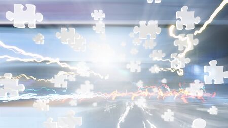 Background image with flying puzzle icons on blueの写真素材