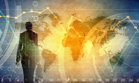 Back view of businesswoman and graphs at backgroundの写真素材