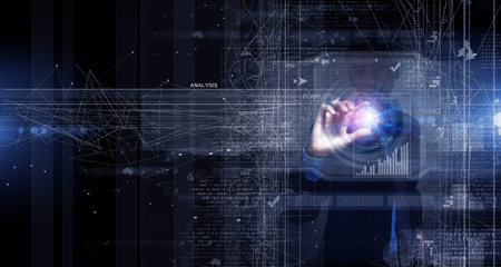 Close up of businessman pushing icon on media screen