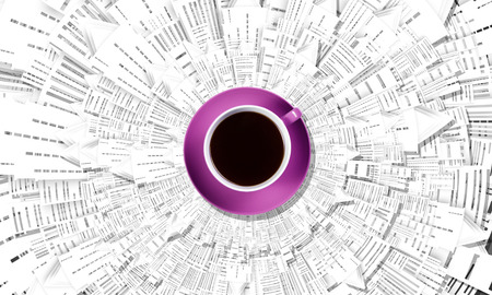 Top view of cup of coffee on white backgroundの写真素材