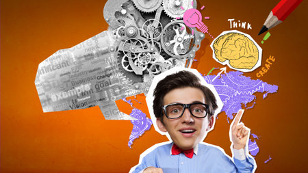 Young smiling businessman at composite business backgroundの写真素材