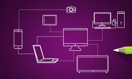 Pencil drawing connection lines between office devicesの写真素材