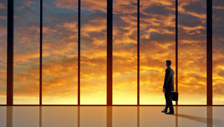 Businessman standing with back and looking in office windowの写真素材