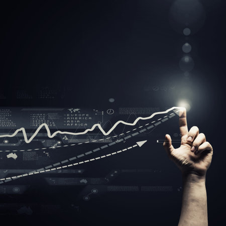 Human hand pressing icon of growing income chartの写真素材