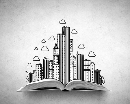 Opened book with construction project on pagesの写真素材