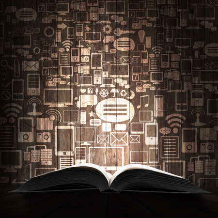 Opened book and networking icons coming outの写真素材