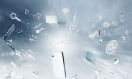 Conceptual image with business items flying in airの写真素材