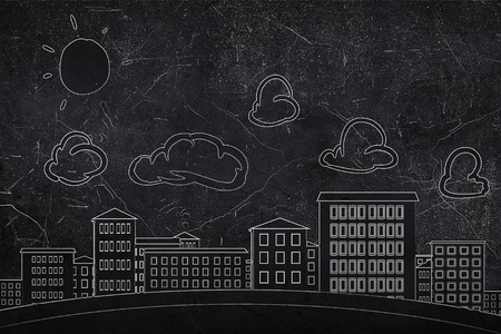 Close up of hand drawing urban buildings with markerの写真素材