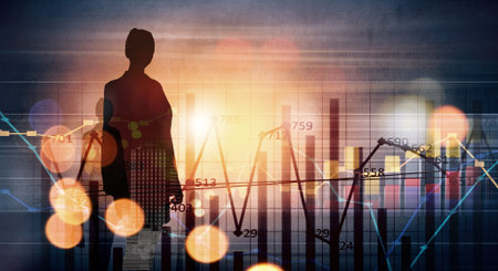 Back view of businesswoman and graphs at background